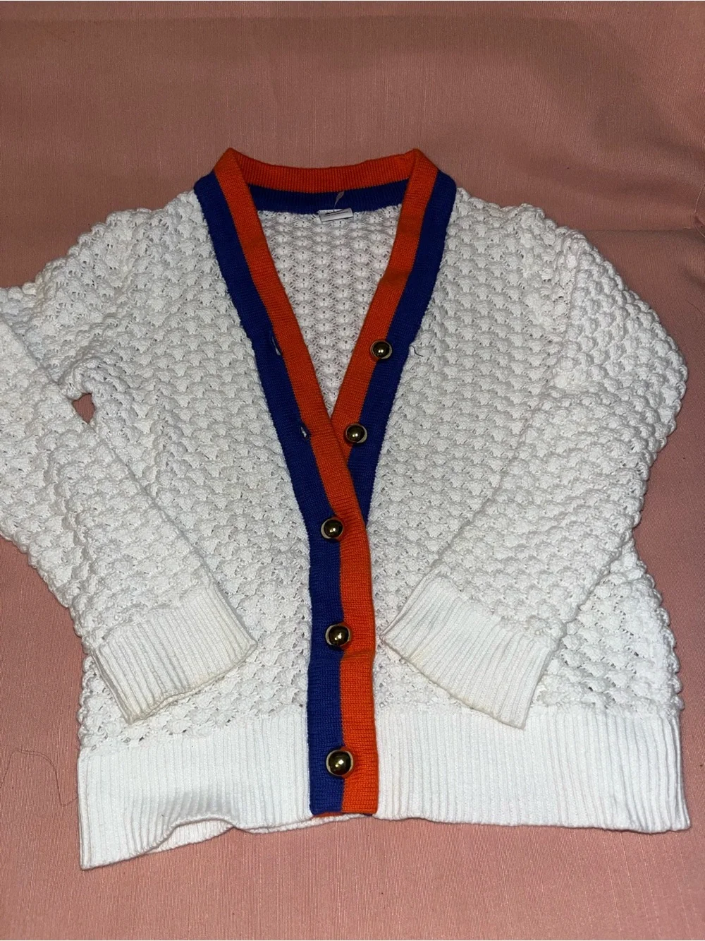 Janie and Jack White Textured Knit Cardigan with Blue & Orange Trim
